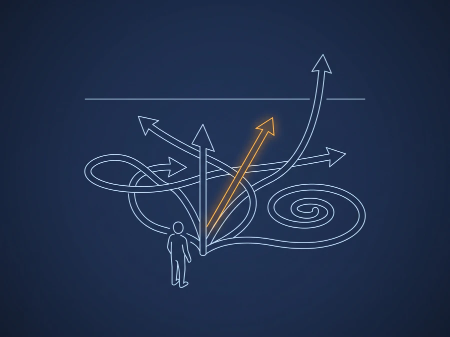 A small outline figure stands before a signpost where a single path splits into several diverging paths drawn in white line work on a deep navy field: one doubles back on itself, one coils into a loop, one climbs straight up. One path onward is lit in amber.