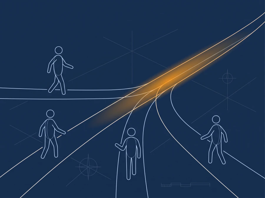 Several separate paths drawn in white line work on a deep navy field, each with a small outline figure walking along it, run in from different directions and merge into a single path. The combined path is lit in amber from the point where they meet.